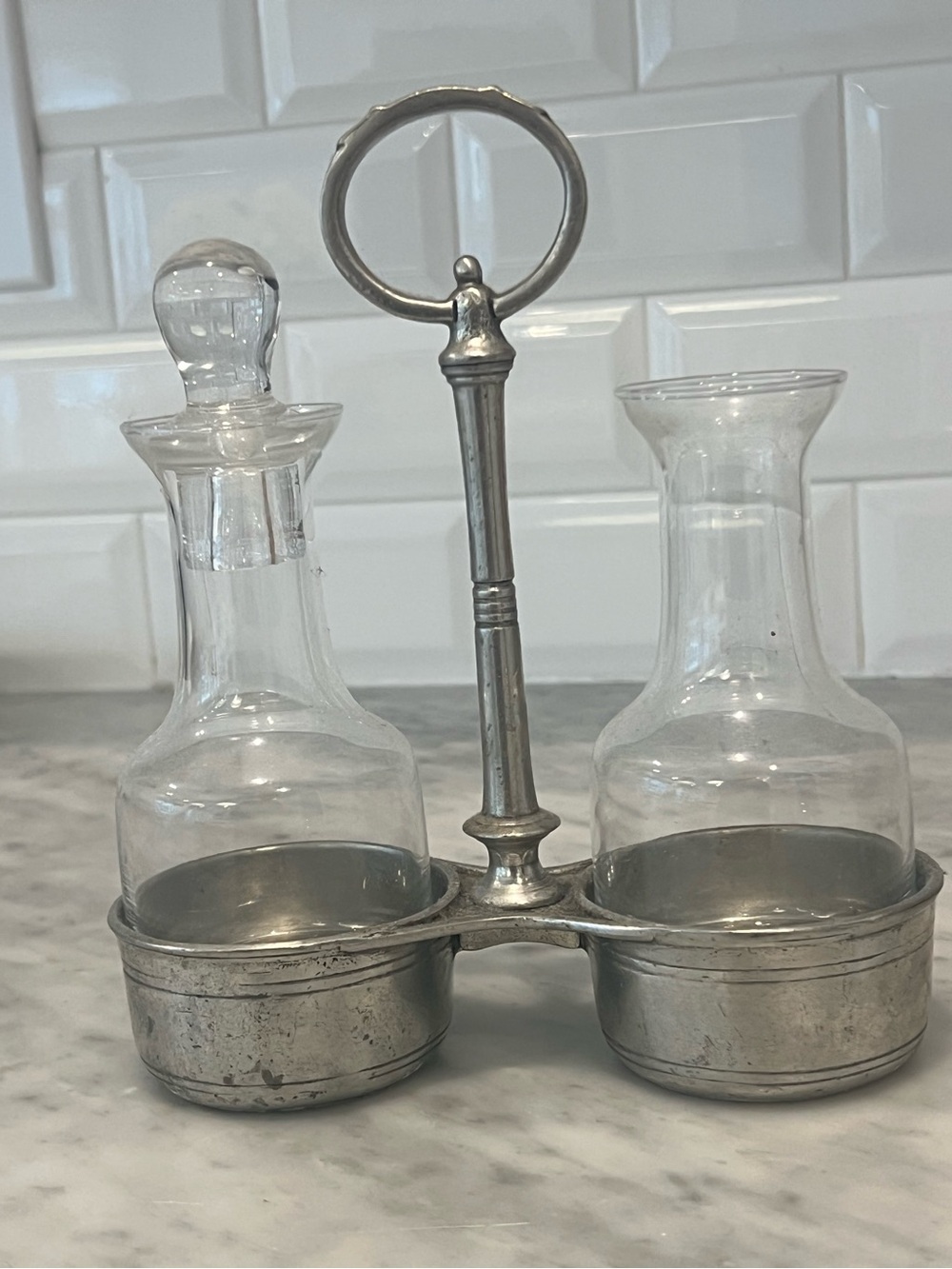 Arte Italica Vintage Oil & Vinegar Cruet Set with Pewter Caddy